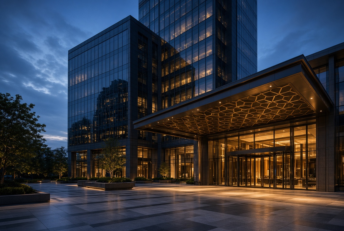 Blue-hour commercial tower and hotel porte-cochere with gold hexagonal ceiling