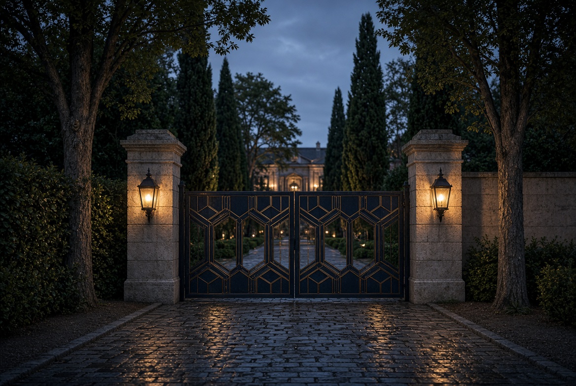 Private estate gates in navy and gold at dusk